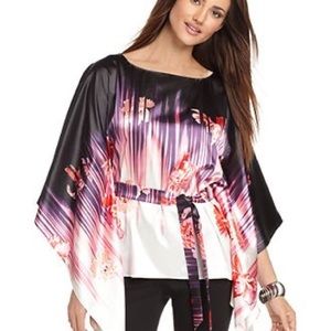 T Tahari Boatneck Three Quarter Floral Printed Tie Satin Blouse